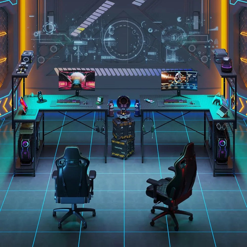 42 L Gaming Desk,Computer Desk with Power Outlets, LED Lights, Reversible Corner Desk with 4-Tier Shelves,Cup Holder
