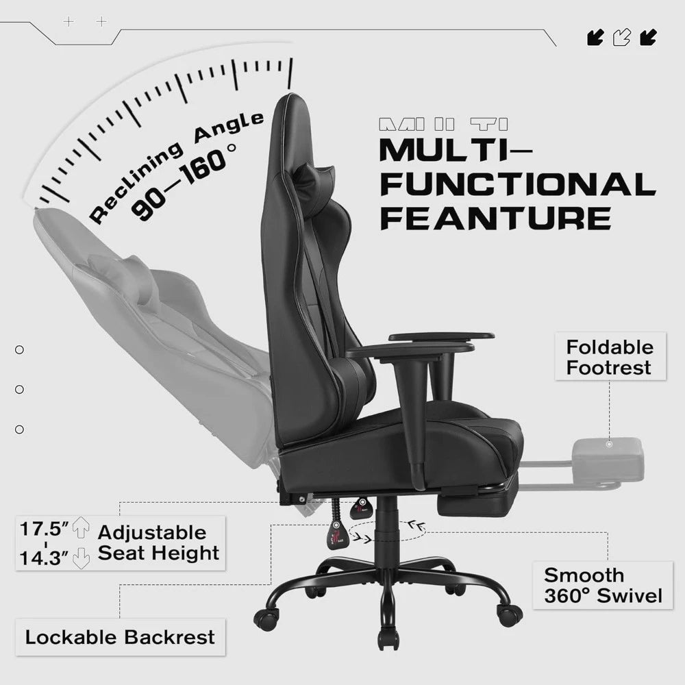 Gaming Chair with Footrest Massage Lumbar Support Adjustable Swivel Office Computer Chair Ergonomic High Back PU Leather