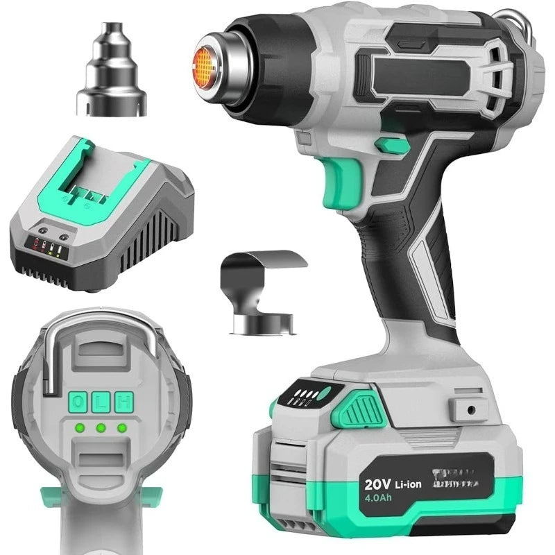 20V Cordless Heat Gun,Hot Air Gun Kit Portable,3 Temperatures Max. 932℉,2 Nozzles, 200L/min, 13m/s,1.5Lbs
