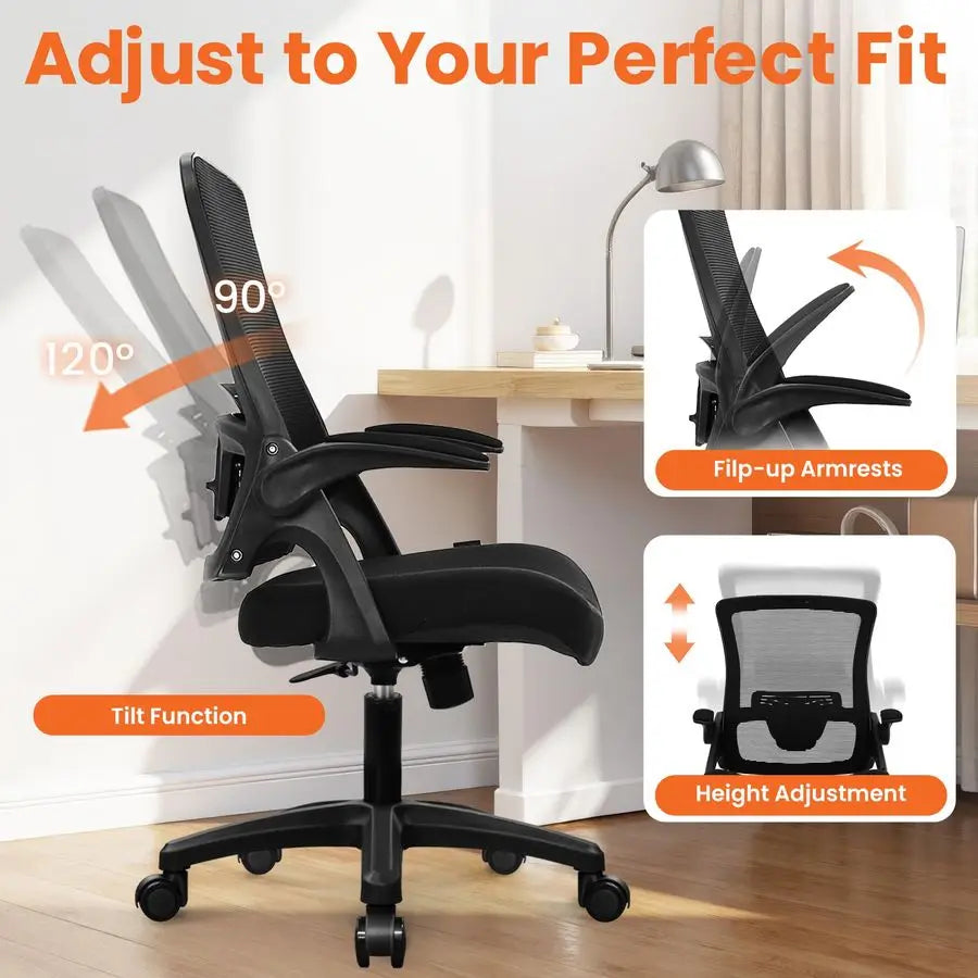 Office Desk Chair Computer High Back Mesh Gaming Seat with Ergonomic Adjustable Comfy Flipup Armrests Lumbar Support Height for