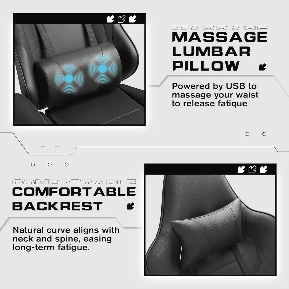 Gaming Chair with Footrest Massage Lumbar Support Adjustable Swivel Office Computer Chair Ergonomic High Back PU Leather