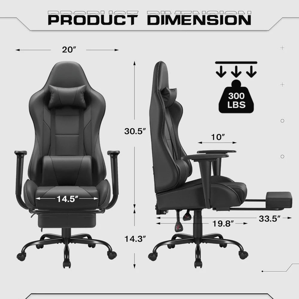 Gaming Chair with Footrest Massage Lumbar Support Adjustable Swivel Office Computer Chair Ergonomic High Back PU Leather